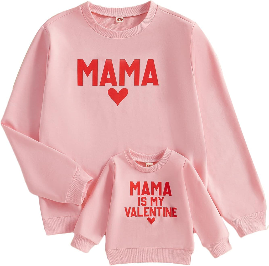 Karuedoo Mommy and Me Valentines Outfits Family Matching Shirts Letter Print Crewneck Long Sleeve Sweatshirt Pullover Top